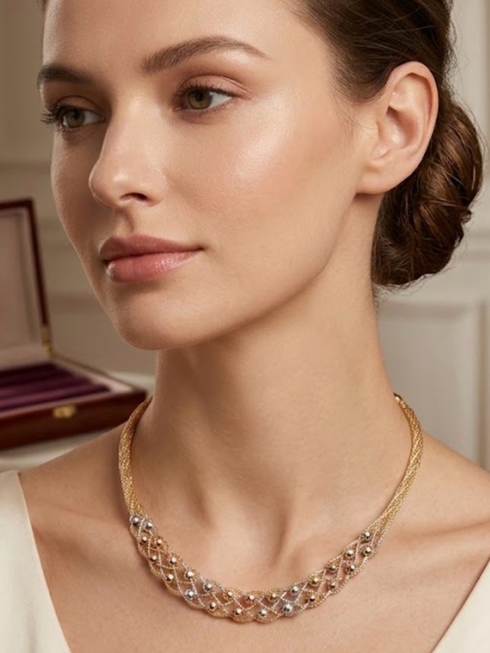 14k Gold Plated necklace with braided design. 3 tone